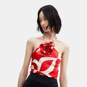 NWT MNG by Mango Satin Halter Top Rosette Flower M Y2K Drapey Print Whimsy Sexy